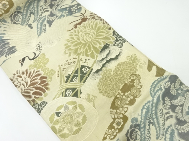 JAPANESE KIMONO / ANTIQUE MARU OBI / WOVEN CRANE & DRUMS & KIKU